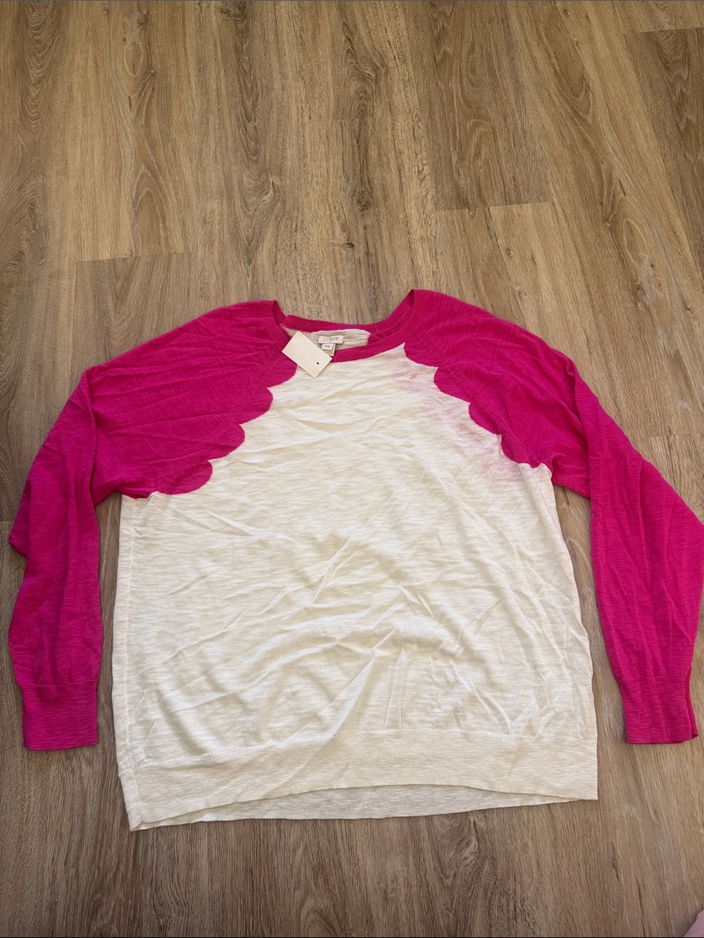 J. Crew Cream and Hot Pink Scallop-Shoulder Sweater
